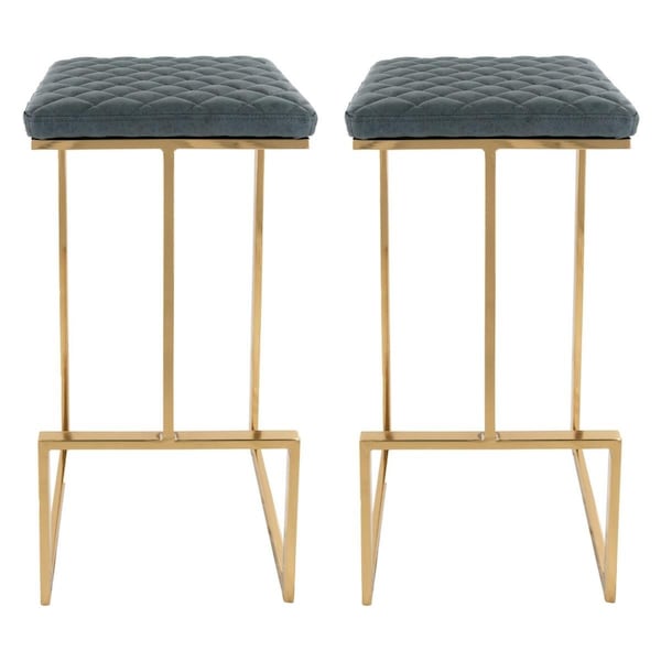 Payasadas Quincy Leather Bar Stools with Gold Metal Frame Peacock Blue - Set of 2 PA3034491 - main